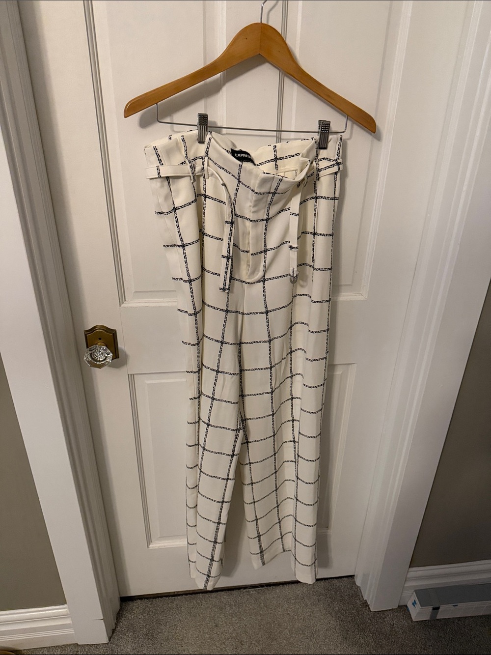 Express White Wide-Leg Windowpane Paperbag Pants